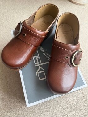 Dansko Brown Leather Slip-On Clogs with Buckle Accent